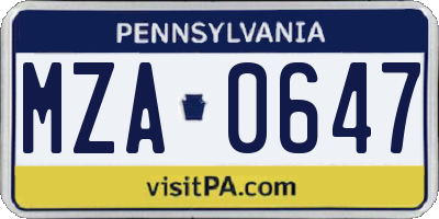 PA license plate MZA0647