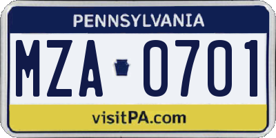 PA license plate MZA0701