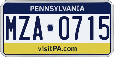 PA license plate MZA0715