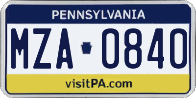PA license plate MZA0840
