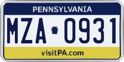 PA license plate MZA0931