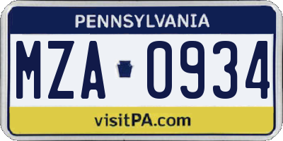 PA license plate MZA0934