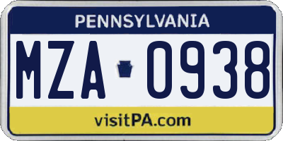 PA license plate MZA0938