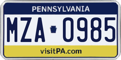 PA license plate MZA0985