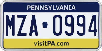 PA license plate MZA0994