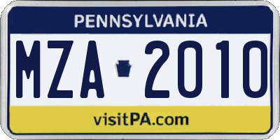 PA license plate MZA2010