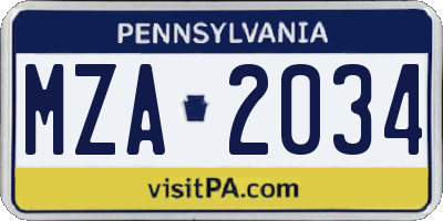 PA license plate MZA2034