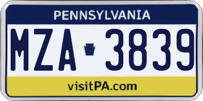 PA license plate MZA3839