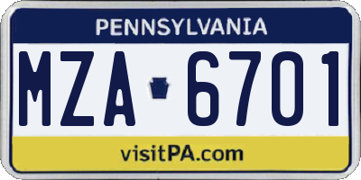 PA license plate MZA6701