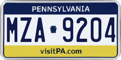 PA license plate MZA9204