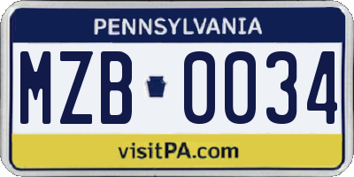 PA license plate MZB0034