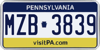 PA license plate MZB3839