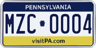 PA license plate MZC0004