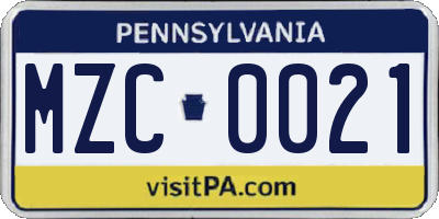 PA license plate MZC0021