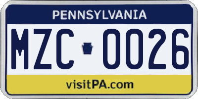 PA license plate MZC0026