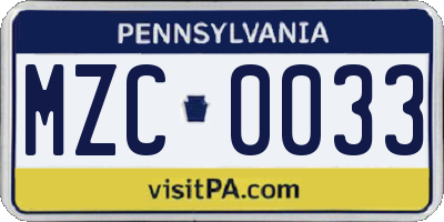 PA license plate MZC0033