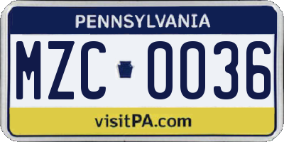 PA license plate MZC0036