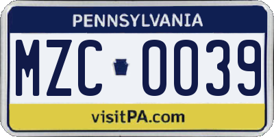 PA license plate MZC0039