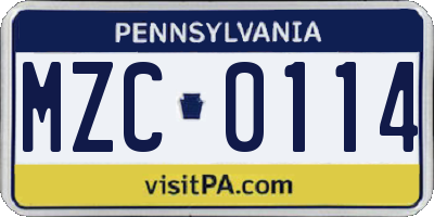 PA license plate MZC0114