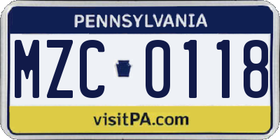 PA license plate MZC0118
