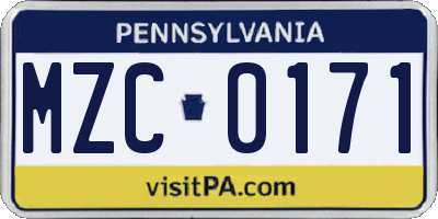 PA license plate MZC0171