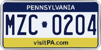 PA license plate MZC0204