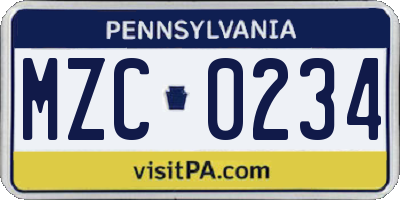 PA license plate MZC0234
