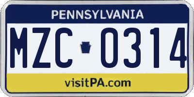 PA license plate MZC0314