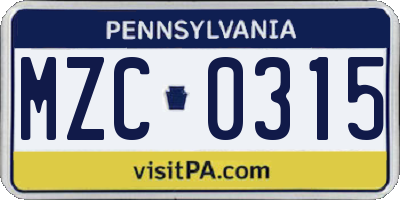 PA license plate MZC0315