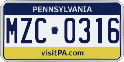 PA license plate MZC0316