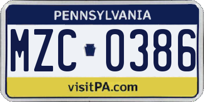 PA license plate MZC0386