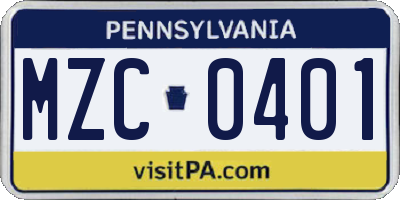 PA license plate MZC0401