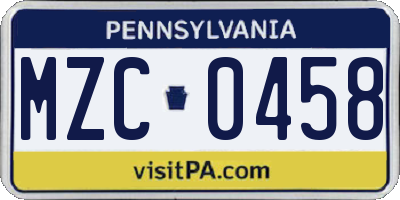 PA license plate MZC0458