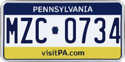 PA license plate MZC0734