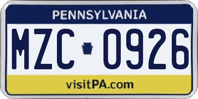 PA license plate MZC0926