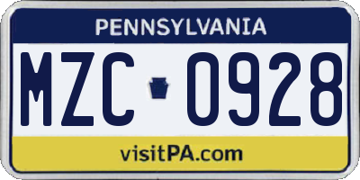 PA license plate MZC0928