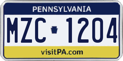 PA license plate MZC1204