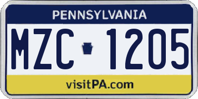 PA license plate MZC1205