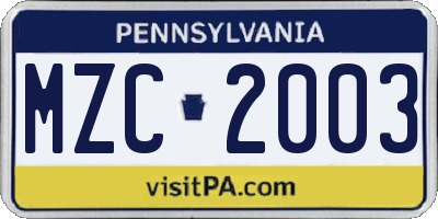 PA license plate MZC2003