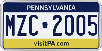 PA license plate MZC2005