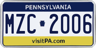 PA license plate MZC2006