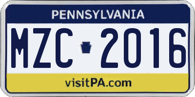 PA license plate MZC2016