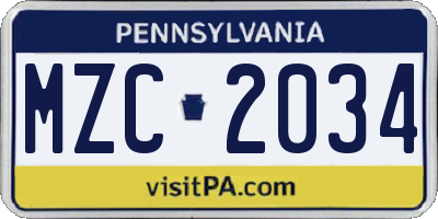 PA license plate MZC2034