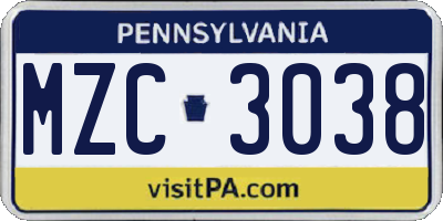 PA license plate MZC3038