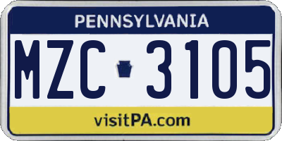 PA license plate MZC3105
