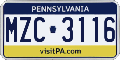 PA license plate MZC3116