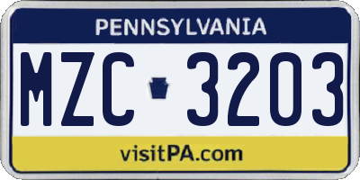 PA license plate MZC3203