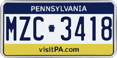 PA license plate MZC3418