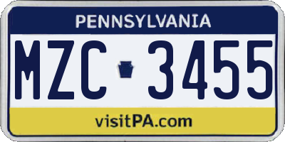 PA license plate MZC3455