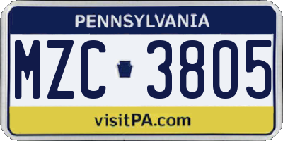 PA license plate MZC3805